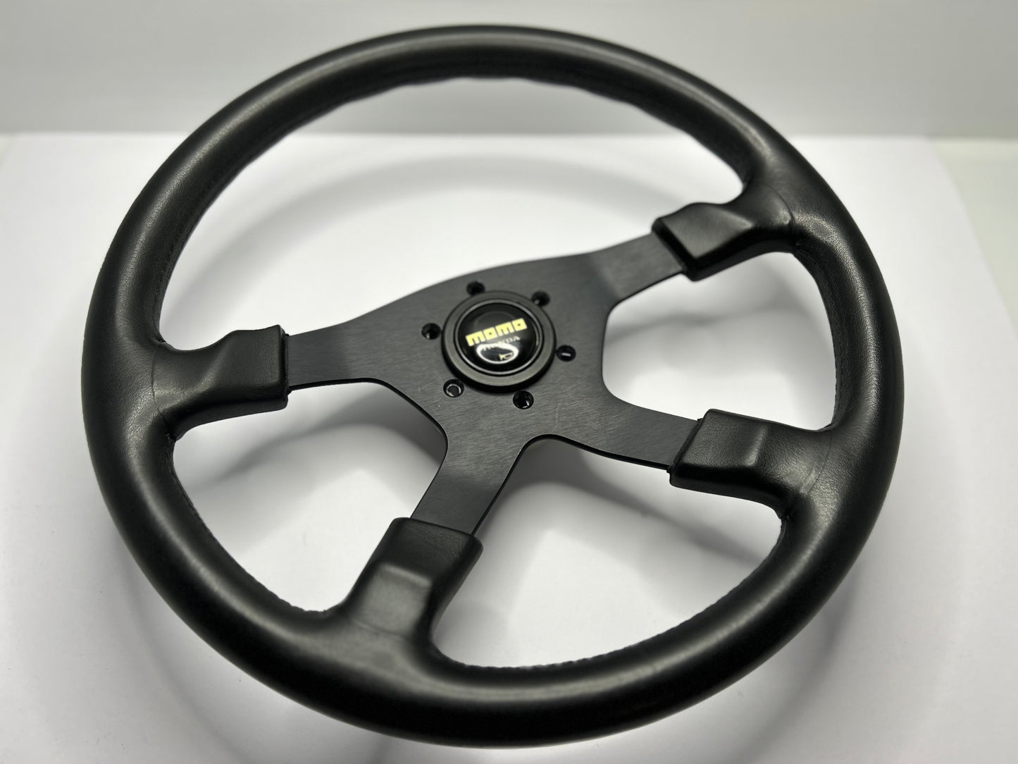 MOMO 4 Spoke Leather Steering Wheel w/ Honda Horn Button - Black