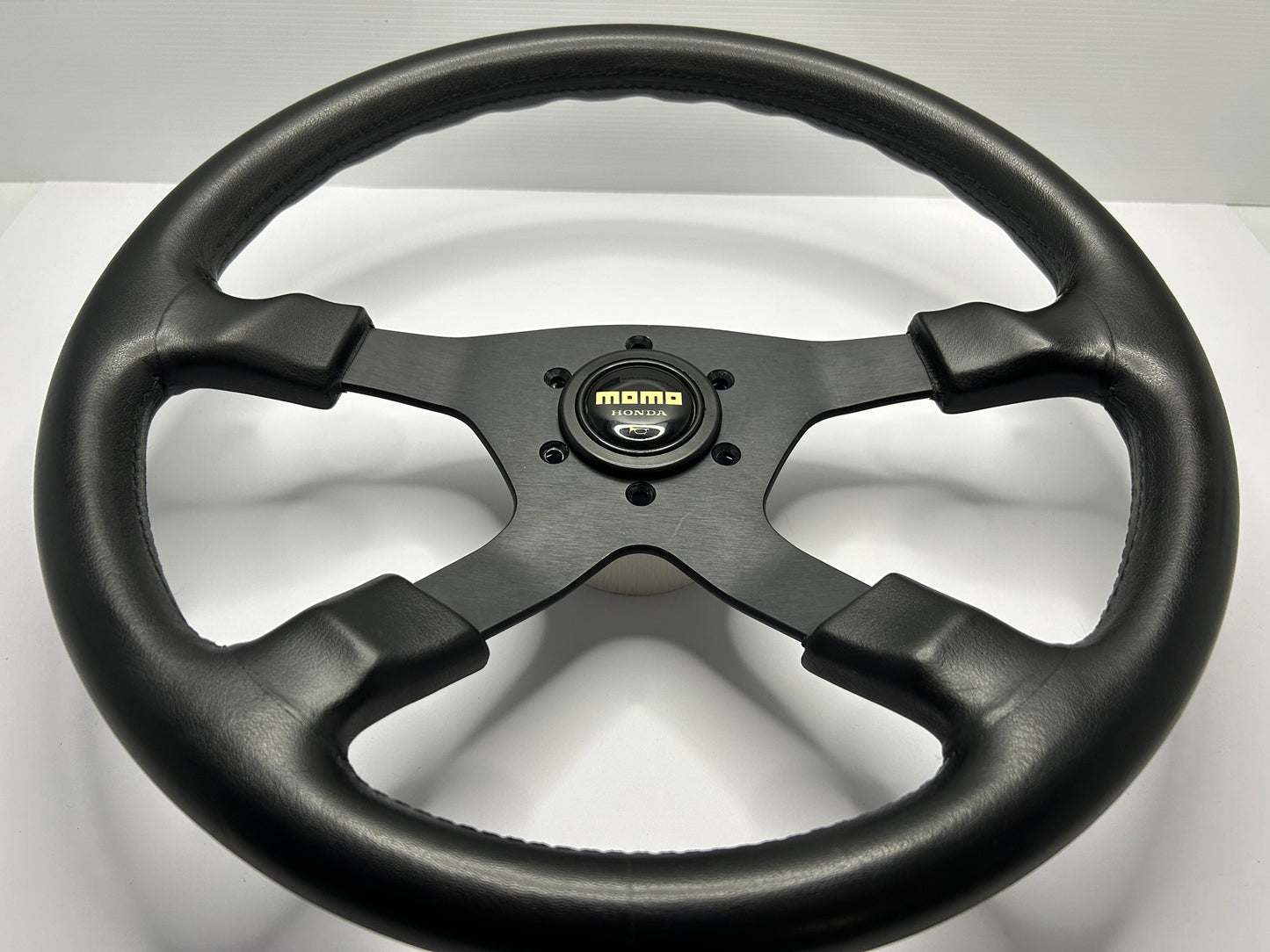 MOMO 4 Spoke Leather Steering Wheel w/ Honda Horn Button - Black
